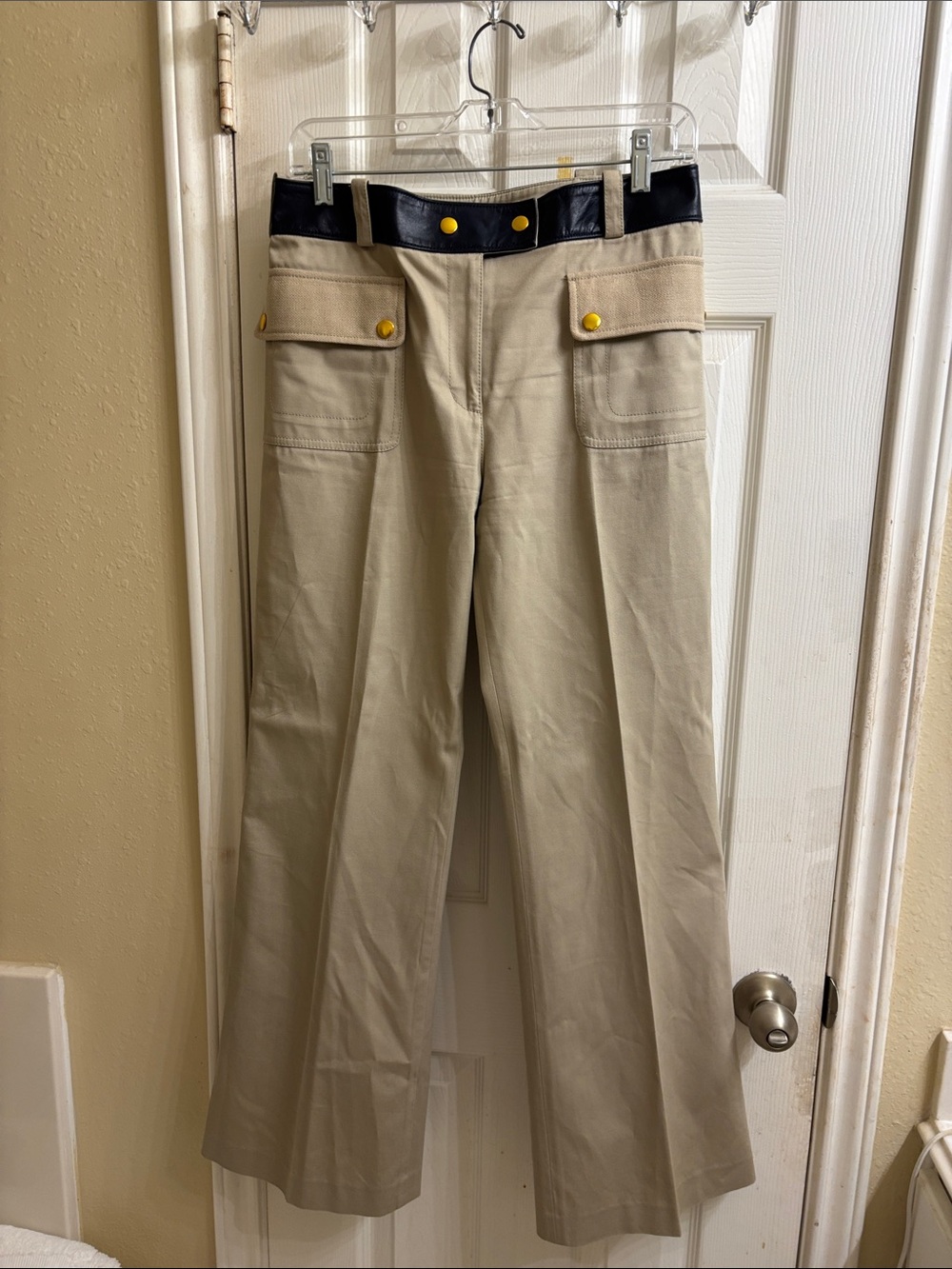 Tory Burch leather belted straight leg pants with gold buttons. EUC